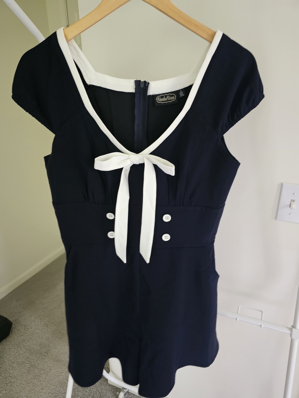 Voodoo Vixen Navy Romper with White Trim and Front Bow